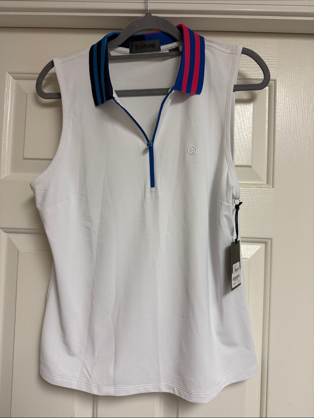 NWT G/FORE Sleeveless Golf Polo - White with Blue & Pink Trim, Size L